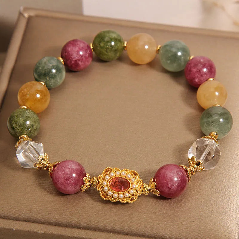 Women's jade colour tourmaline bracelet with round beads, alloy inlay, and rhinestone accents