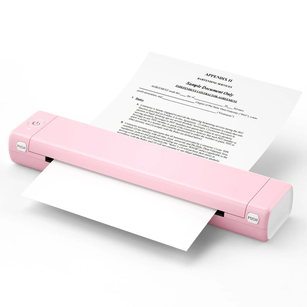 Phomemo M08F white A4 portable thermal printer with USB cable on a wooden desk