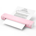 Phomemo M08F white A4 portable thermal printer with USB cable on a wooden desk
