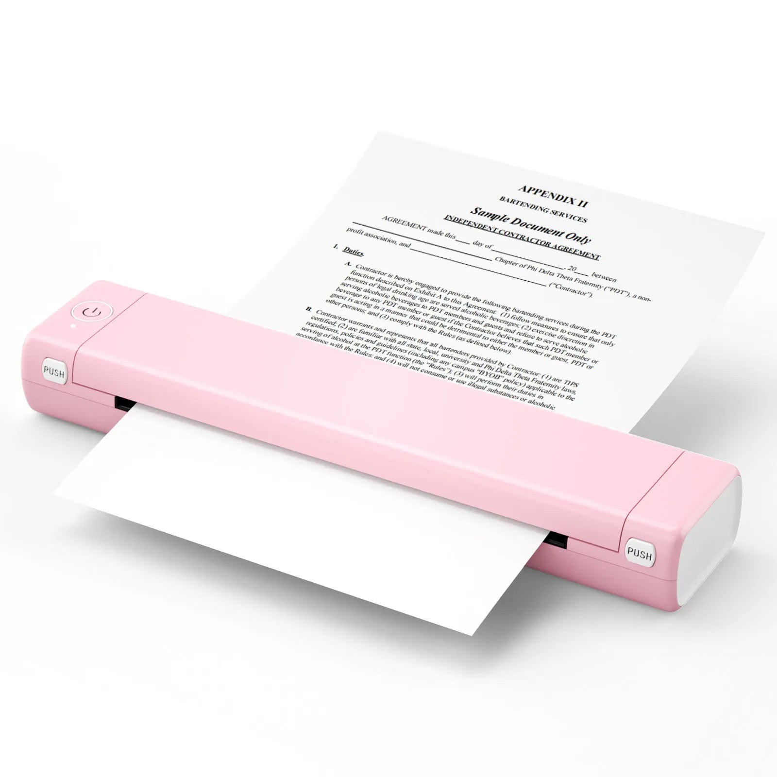 Phomemo M08F white A4 portable thermal printer with USB cable on a wooden desk
