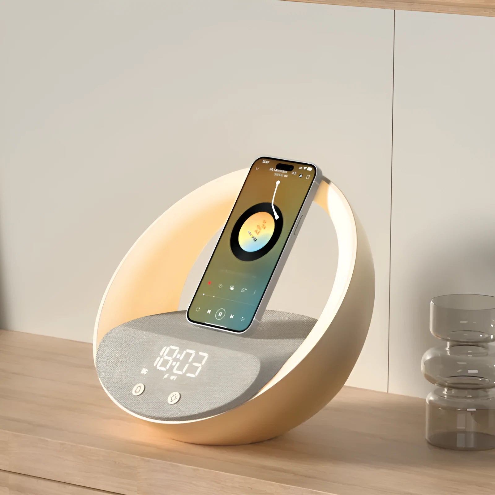Beige and grey multifunctional wireless charging clock with Bluetooth speaker and LED light display.