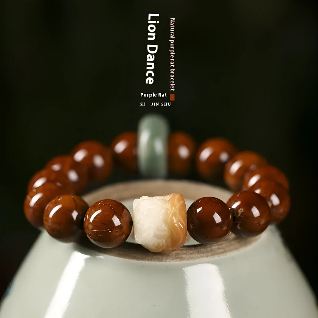 Hand-woven round bead bracelet in ivory nut lion style with 13mm beads