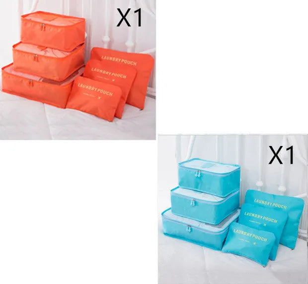 6 PCS travel storage bag set in polyester with handbag shape, multiple colour options for clothes and cosmetic organisation