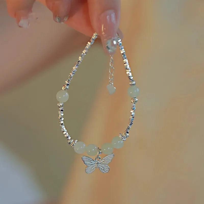 Hetian jade silver butterfly bracelet and necklace set for women
