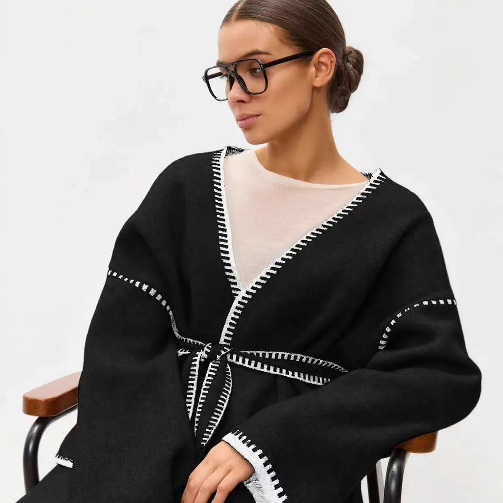 Loose lace-up knitted cardigan sweater coat in imitation cashmere, shown in camel colour