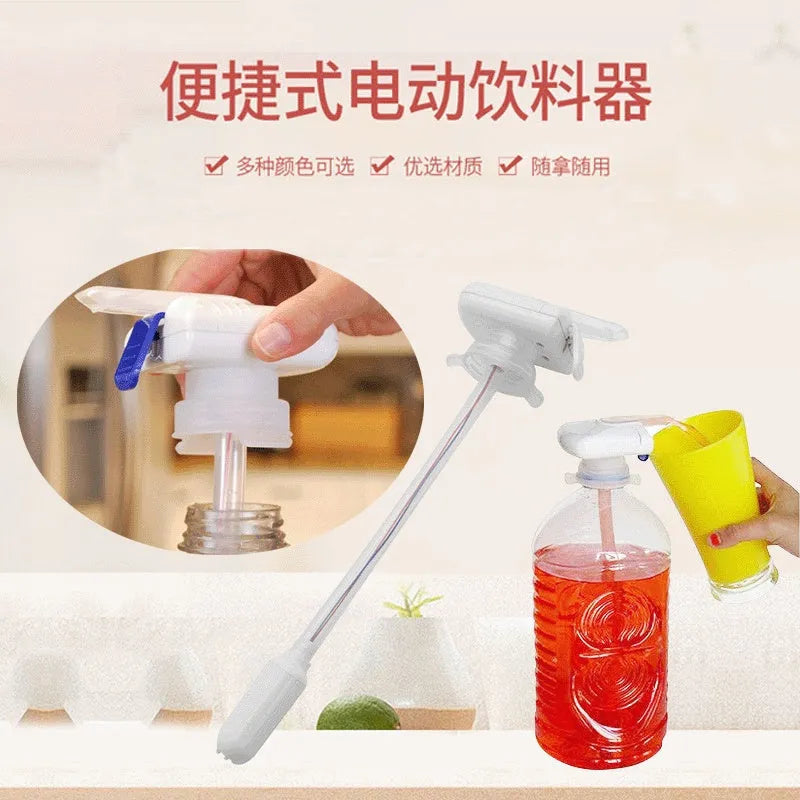 Electric beverage pumping device with a long silicone straw, shown with blue and white handle options.