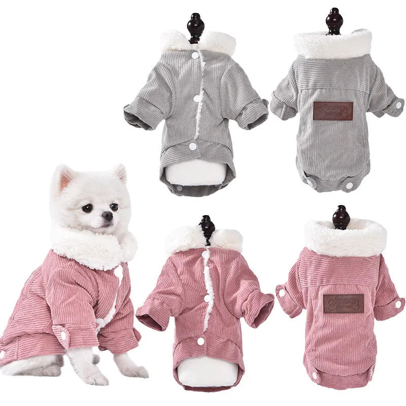 Lambswool-lined dog and cat vest with fleece padding for autumn and winter warmth in grey and pink colours