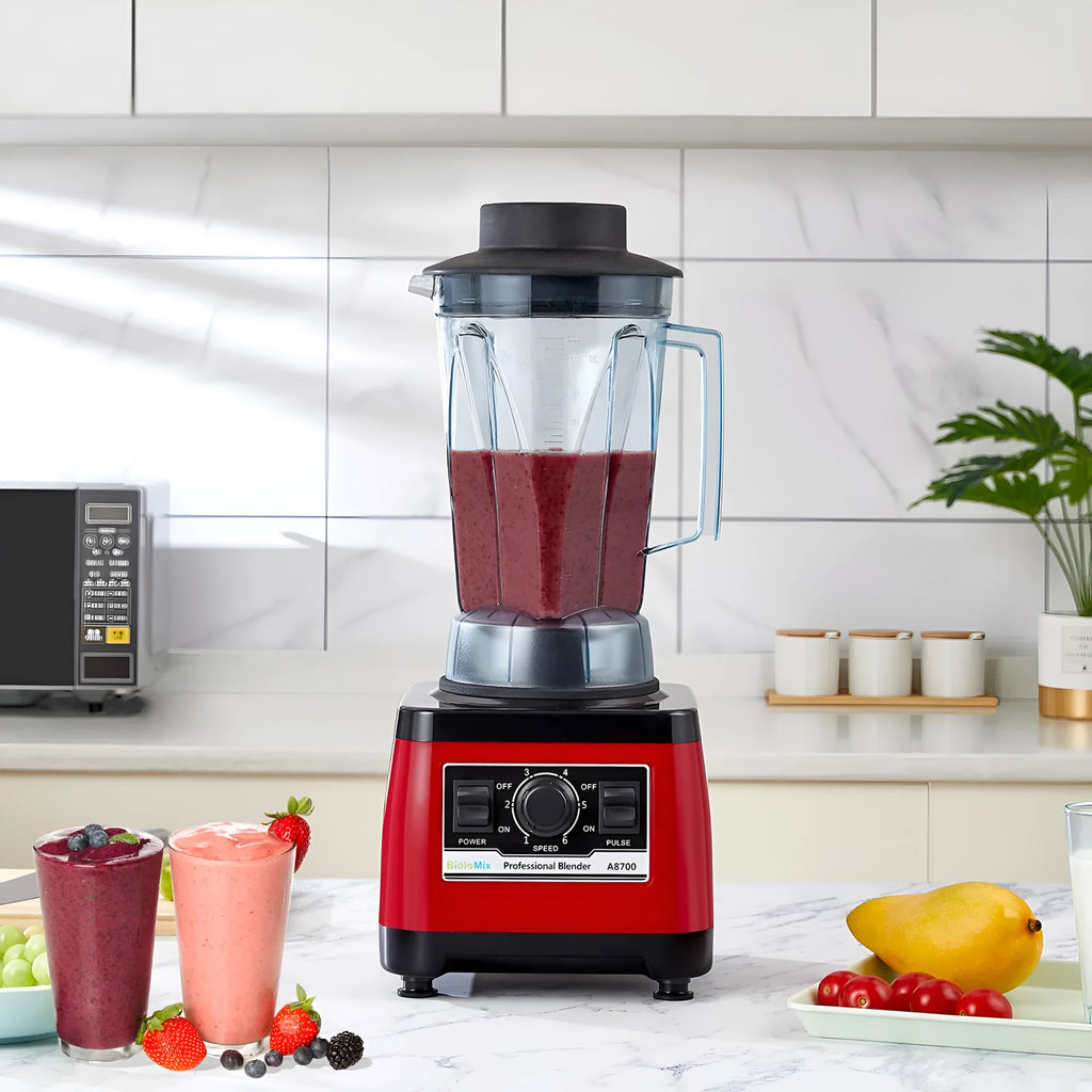 Red industrial-style commercial blender with 2200W motor and 2-litre capacity jug.