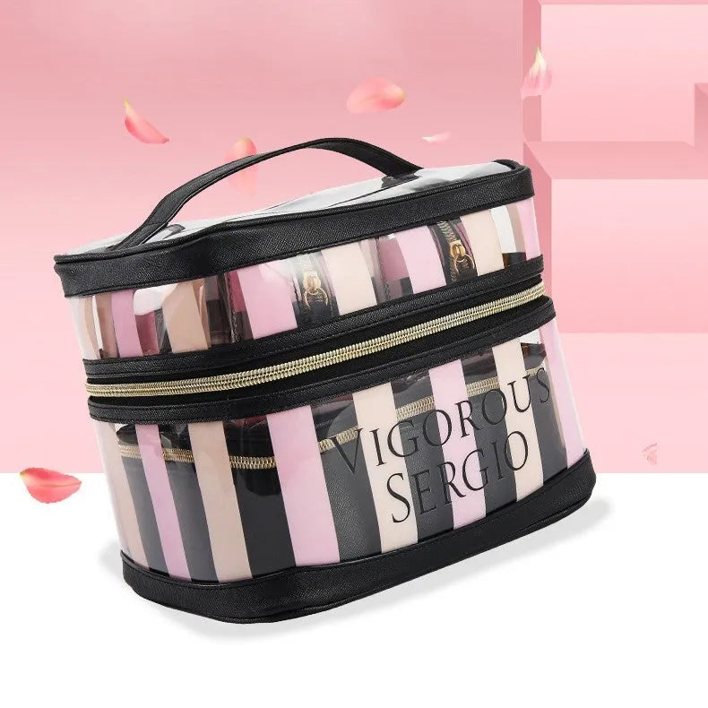 Pink bold stripes floral pattern buggy bag makeup kit with synthetic leather waterproof exterior