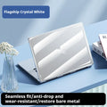 Transparent plastic protective shell for a MacBook laptop, shown in clear and tinted black options.
