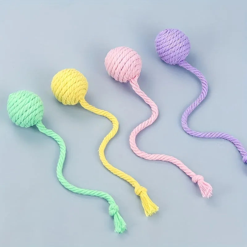 Cat toy ball with rope handle in green, pink, purple or yellow colours with internal bell