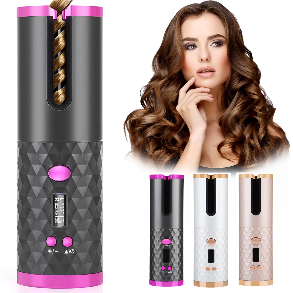 Rechargeable automatic hair curler with LCD display in black, pink, pinkgrey or white colour
