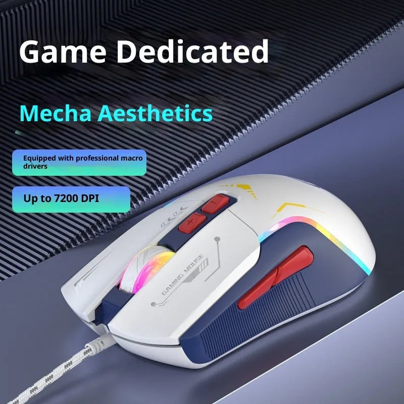 Gaming e-sports wired mouse with optical sensor, 1.5m cable, black colour, on desk next to notebook