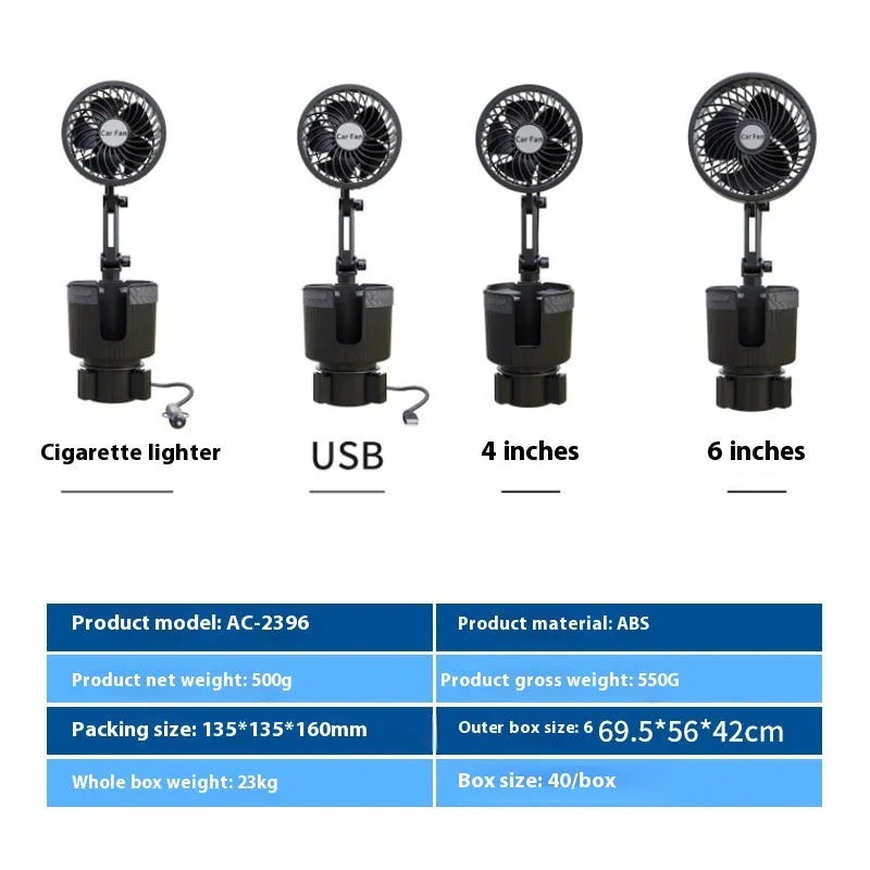 ABS plastic car cup holder fan showing 4-inch and 6-inch size options for 12V, 24V, or USB power.