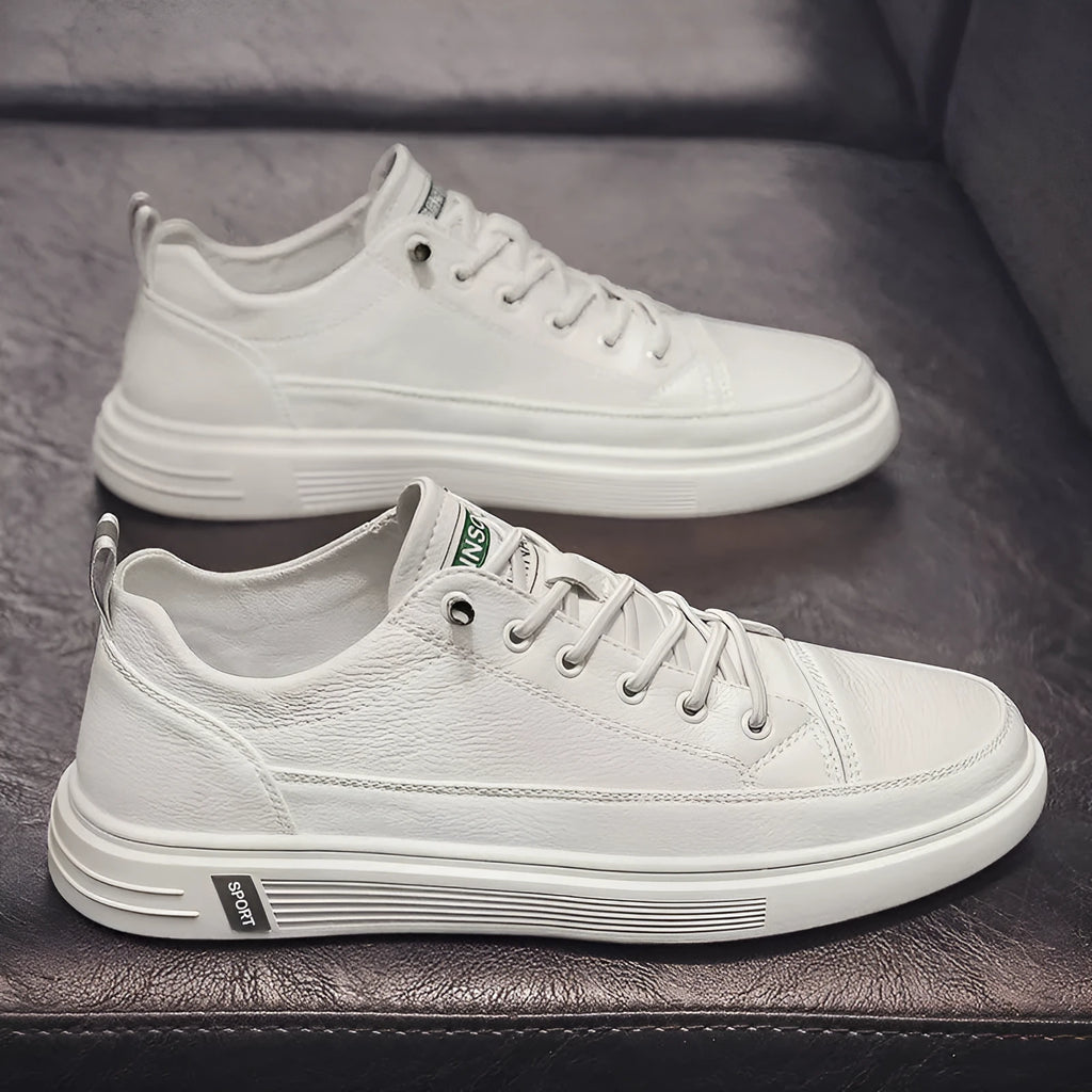 Men's white casual shoes with round toe, low heel, and shallow opening in Korean style