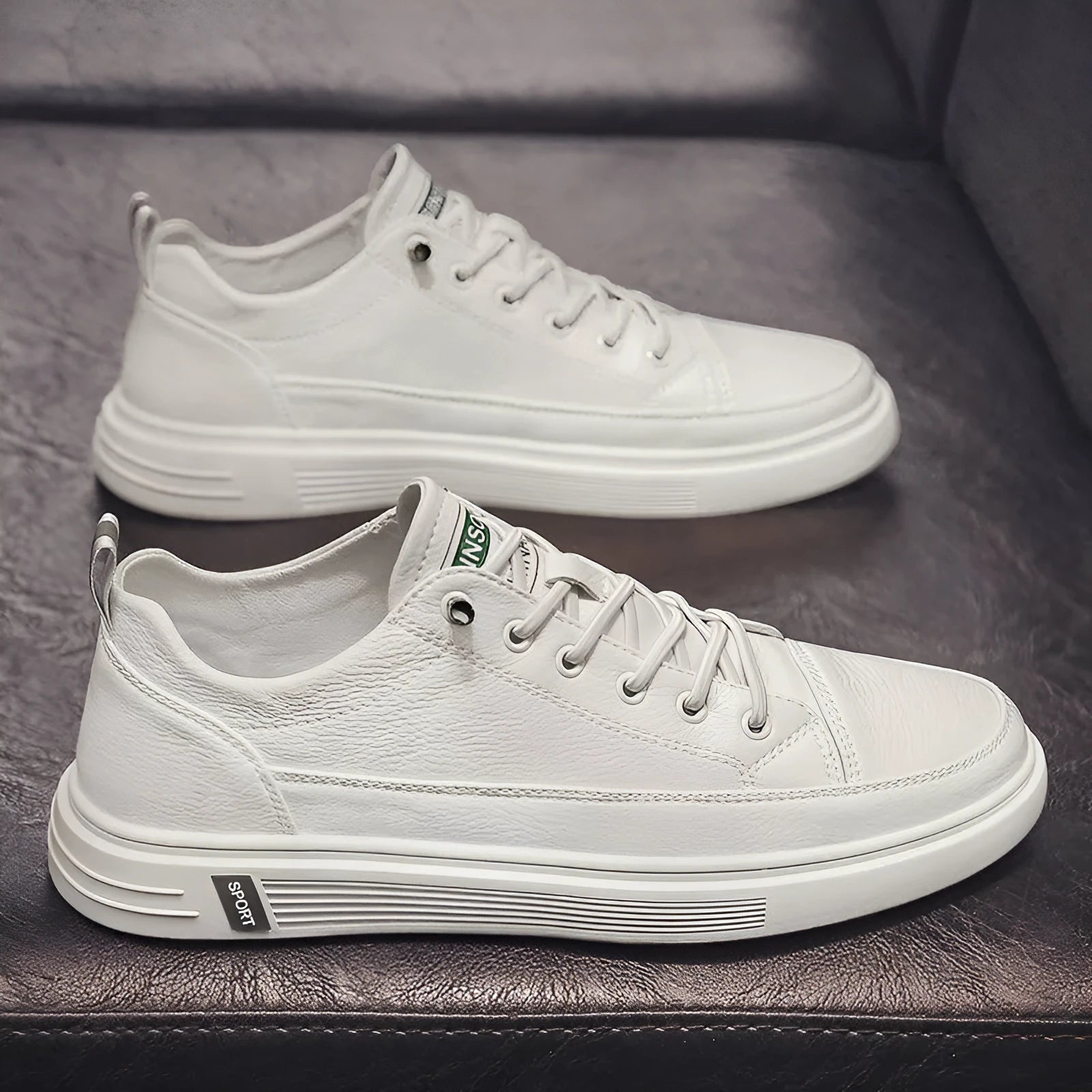 Men's white casual shoes with round toe, low heel, and shallow opening in Korean style