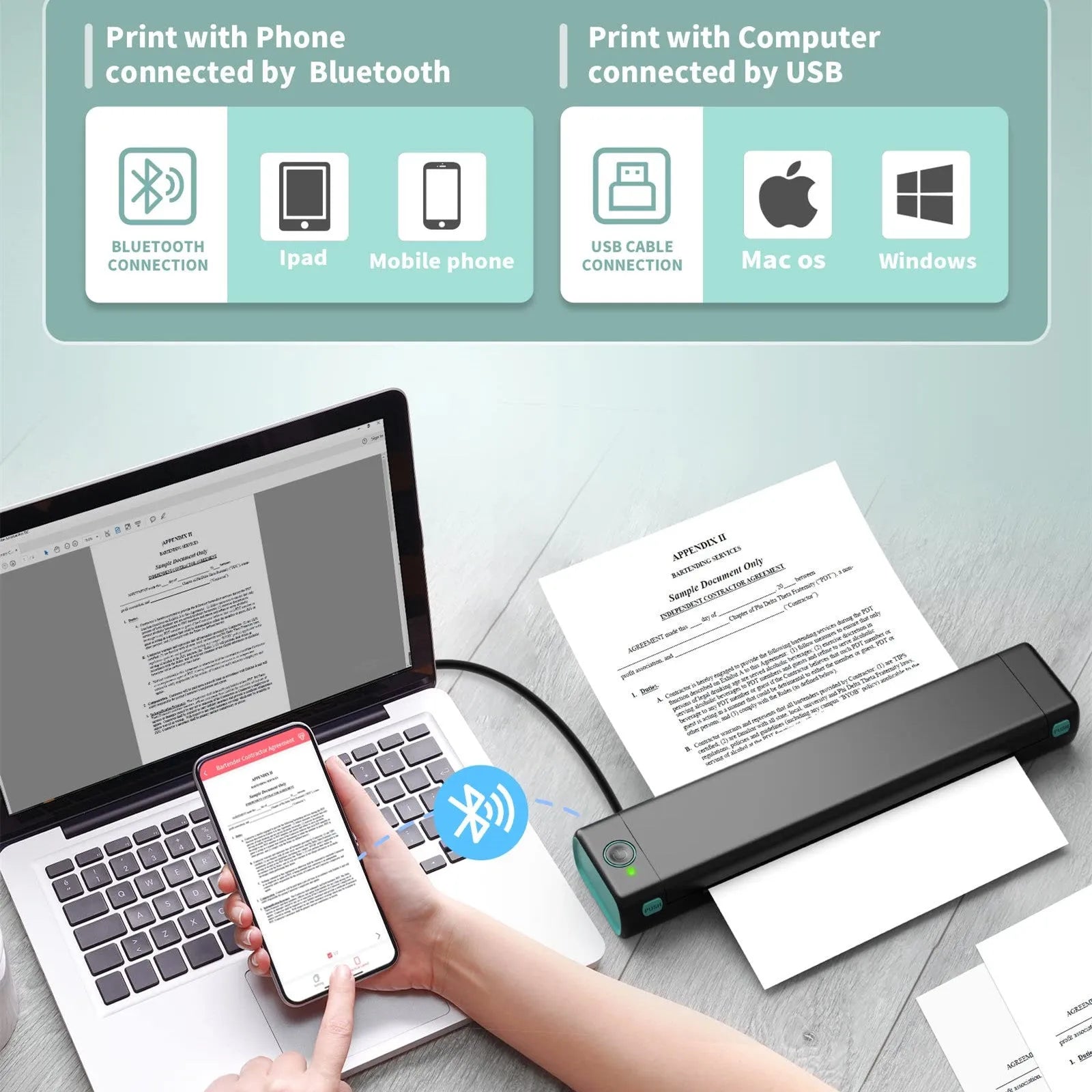 Phomemo M08F white A4 portable thermal printer with USB cable on a wooden desk
