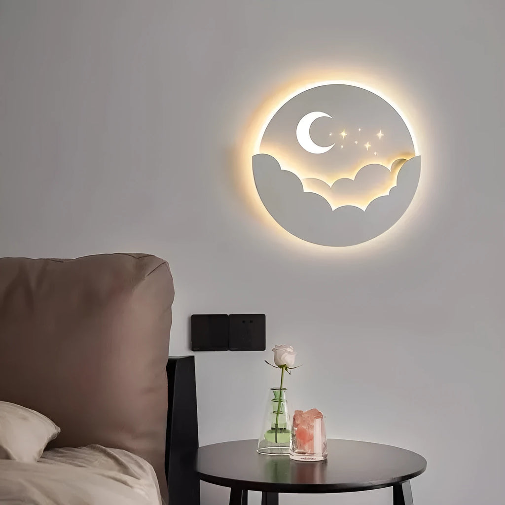 Modern minimalist bedside wall lamp with 28W, 25cm diameter, and adjustable light colour on a hallway wall