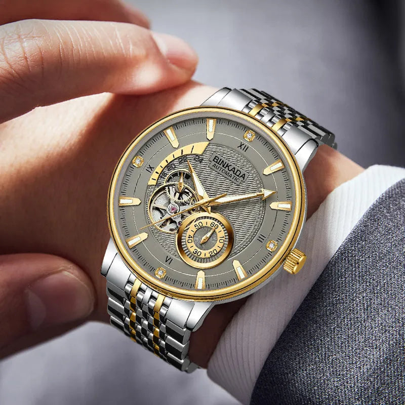 Men's full-automatic waterproof mechanical watch gold white dial 9mm thickness business style