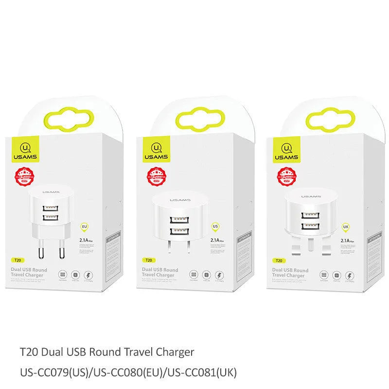 White portable universal dual USB phone charger with US, EU, and UK plug types.