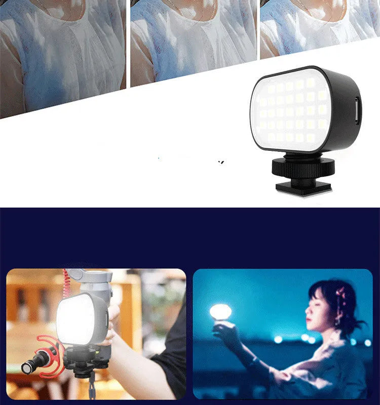 ST-30 black handheld mobile phone fill light with digital display, cold shoe mount, and colour palettes.