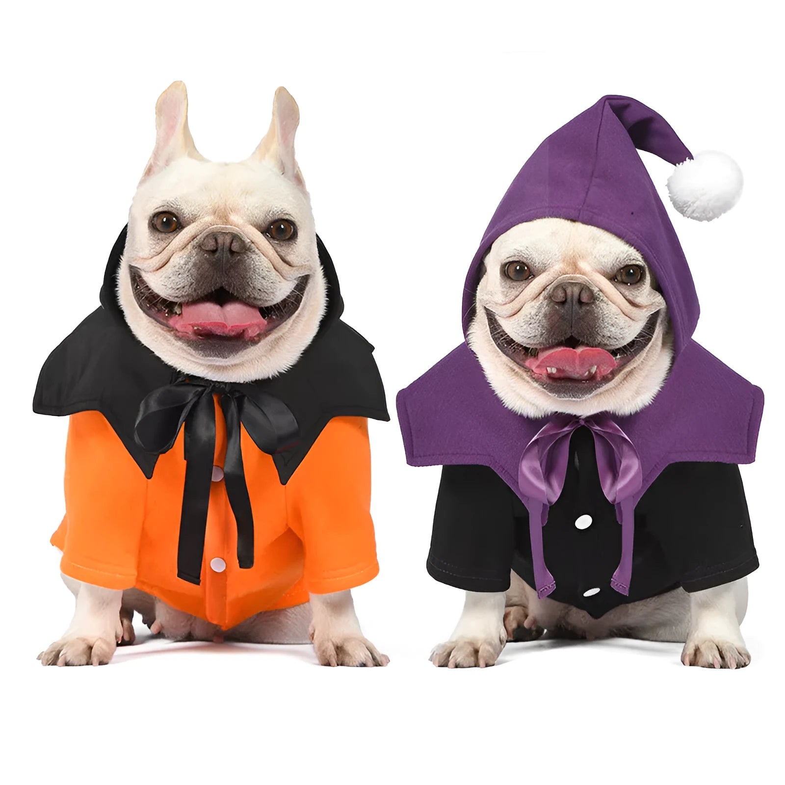 Halloween pumpkin-themed dog sweater with attached shawl in black and orange colours