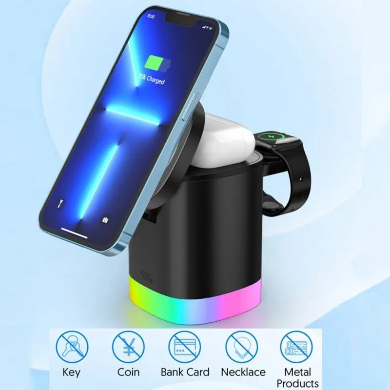 Black foldable 3 in 1 magnetic wireless charging station for phones, iWatch and AirPods with RGB indicator lights