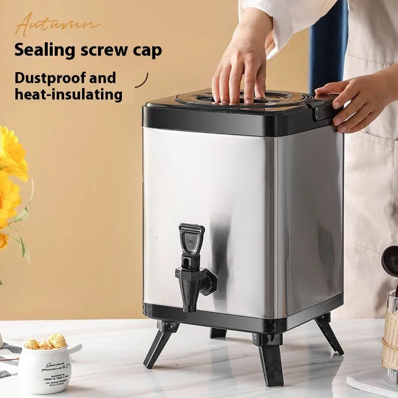 Silver stainless steel milk tea bucket with square lock lid, 8-litre capacity for commercial use