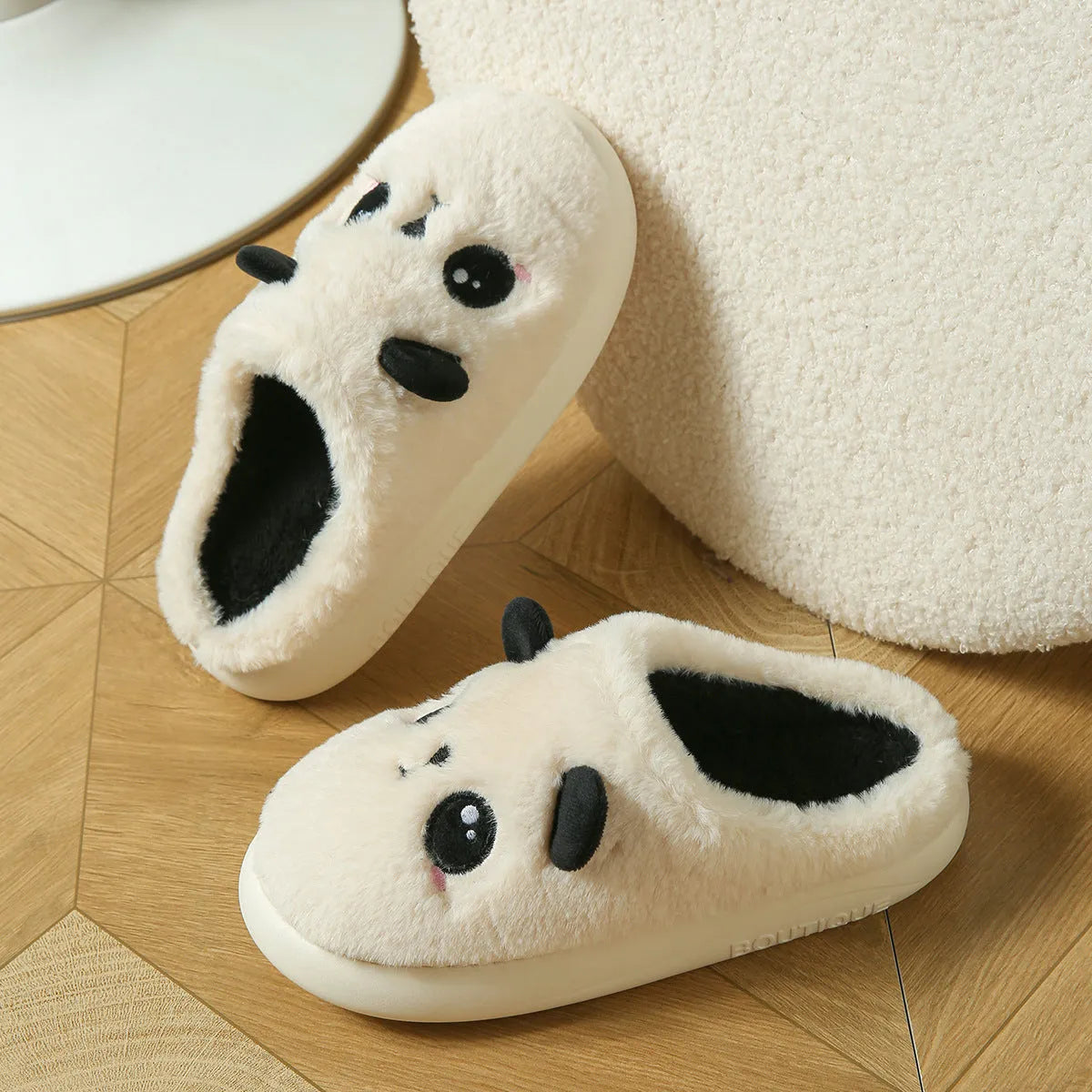 Panda-themed cotton and linen toe ring slippers with PVC sole on size chart