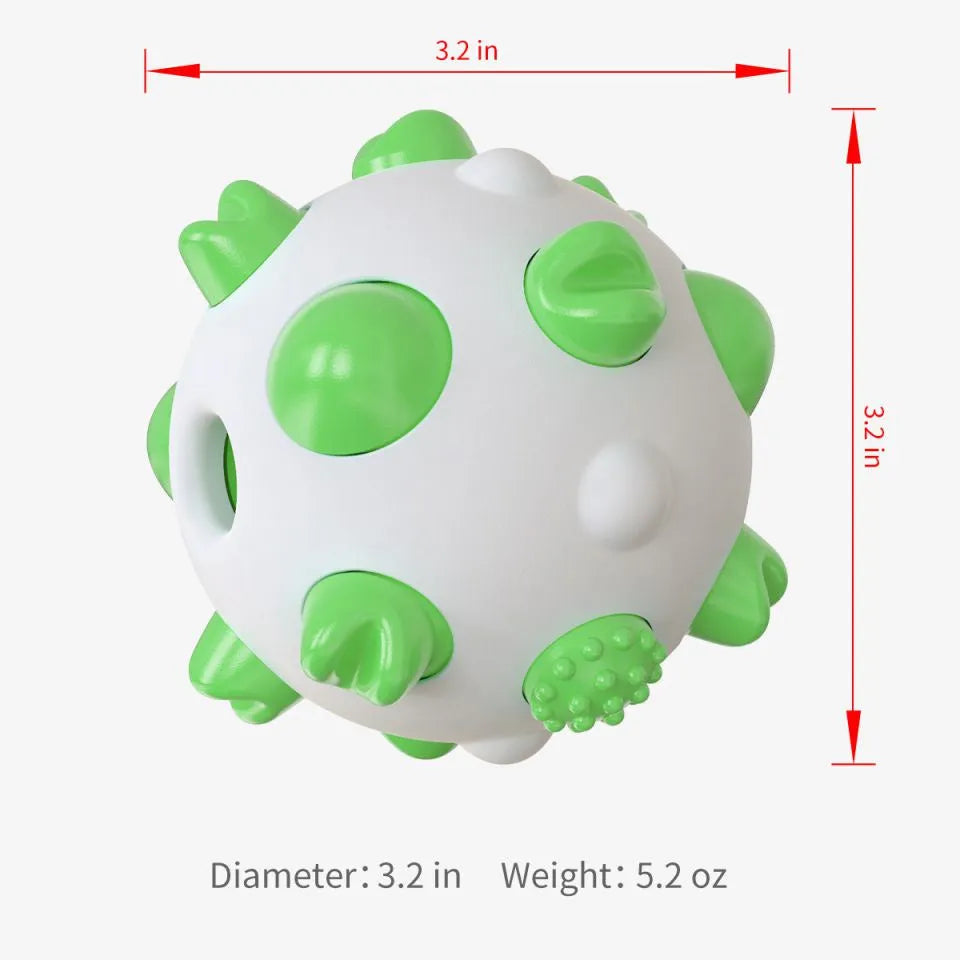 Blue, green, and yellow dog teething chew ball with serrated bumps and hollow centre.
