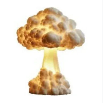 Modern art table lamp shaped like an atomic bomb mushroom cloud on a stand with USB cable.