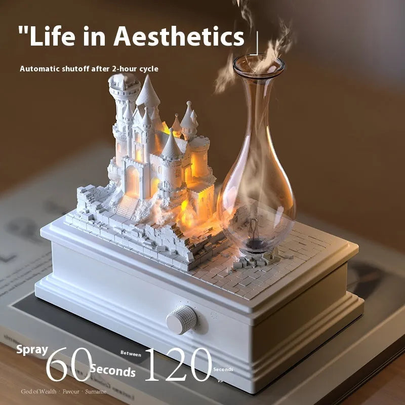 White medieval castle-shaped waterless aromatherapy machine with ambient light on a surface.
