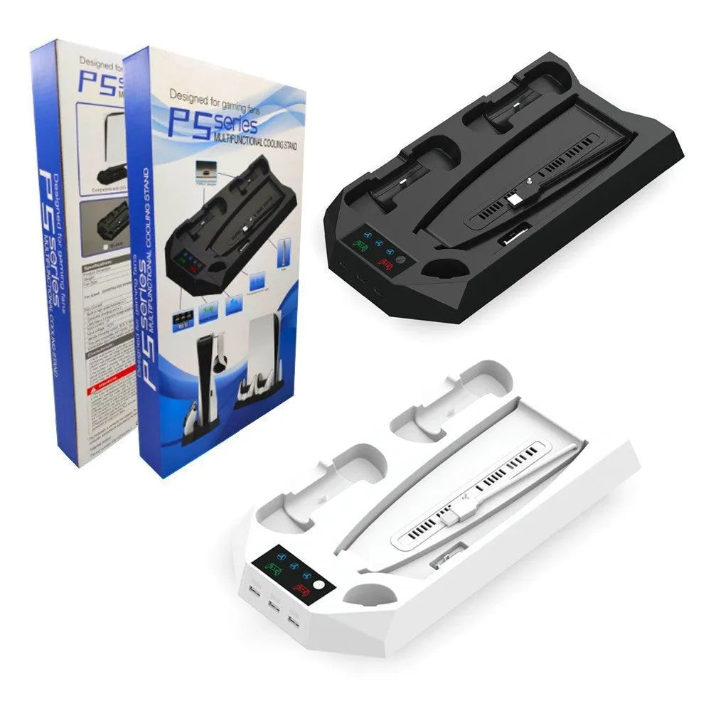 PS5 charging cooling station with controller storage slots and integrated fan in white or black