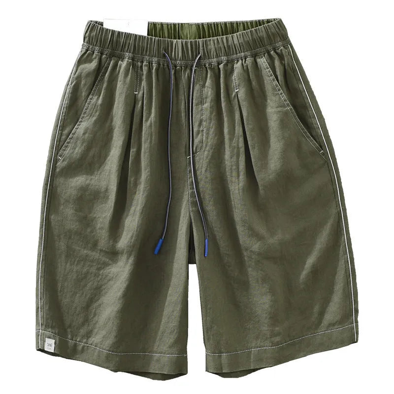 Men's linen straight drooping shorts in black or green with drawstring waist for summer casual wear