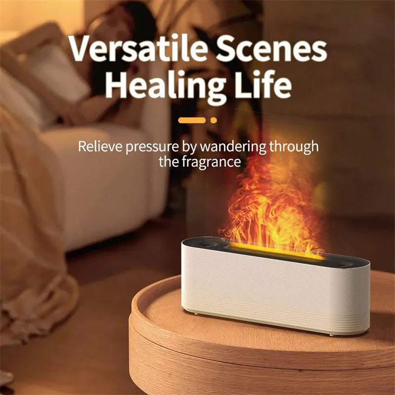 Black ultrasonic aromatherapy diffuser with LED flame lights emitting cool mist vapour
