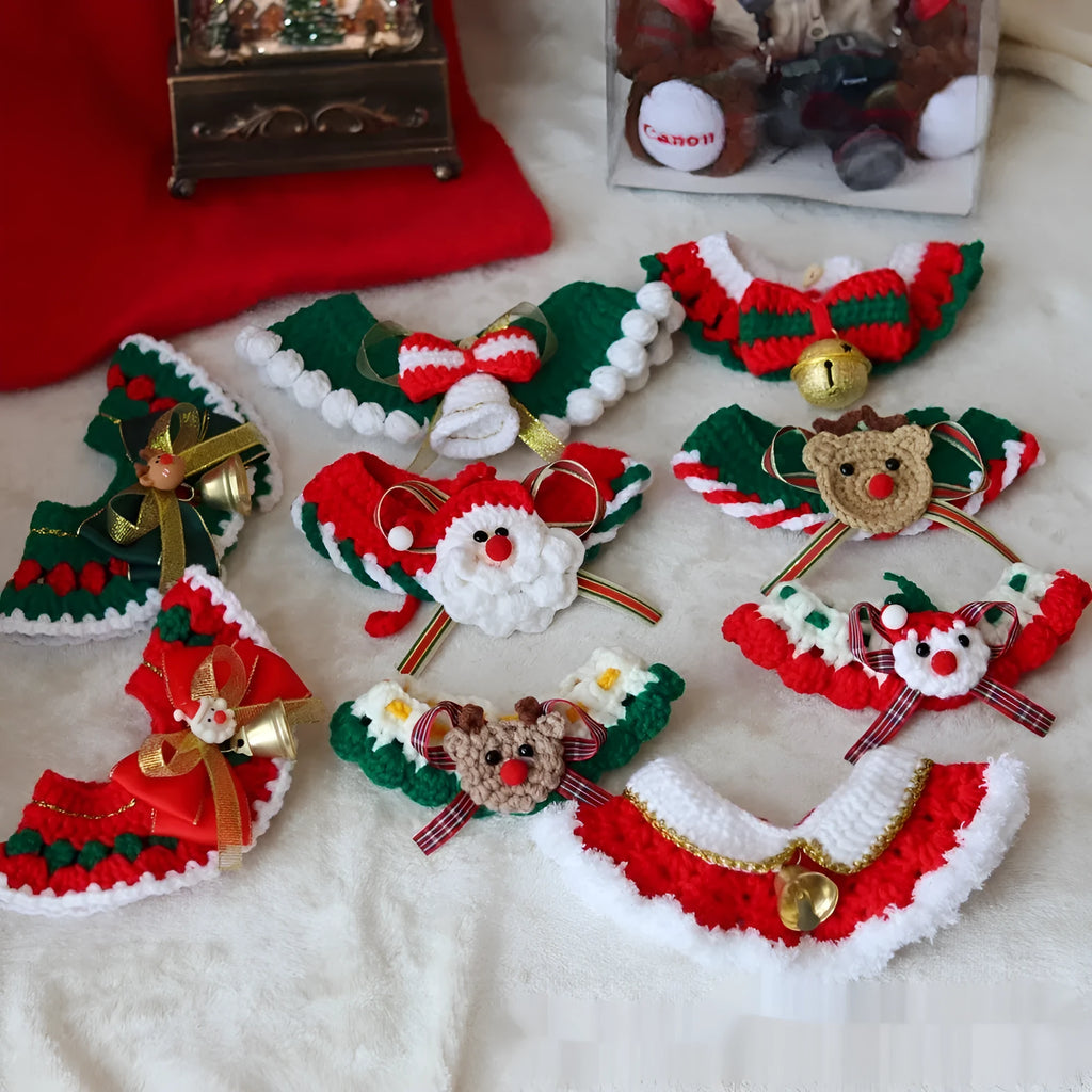 Christmas knitted wool pet scarf with festive patterns attached to dog collar