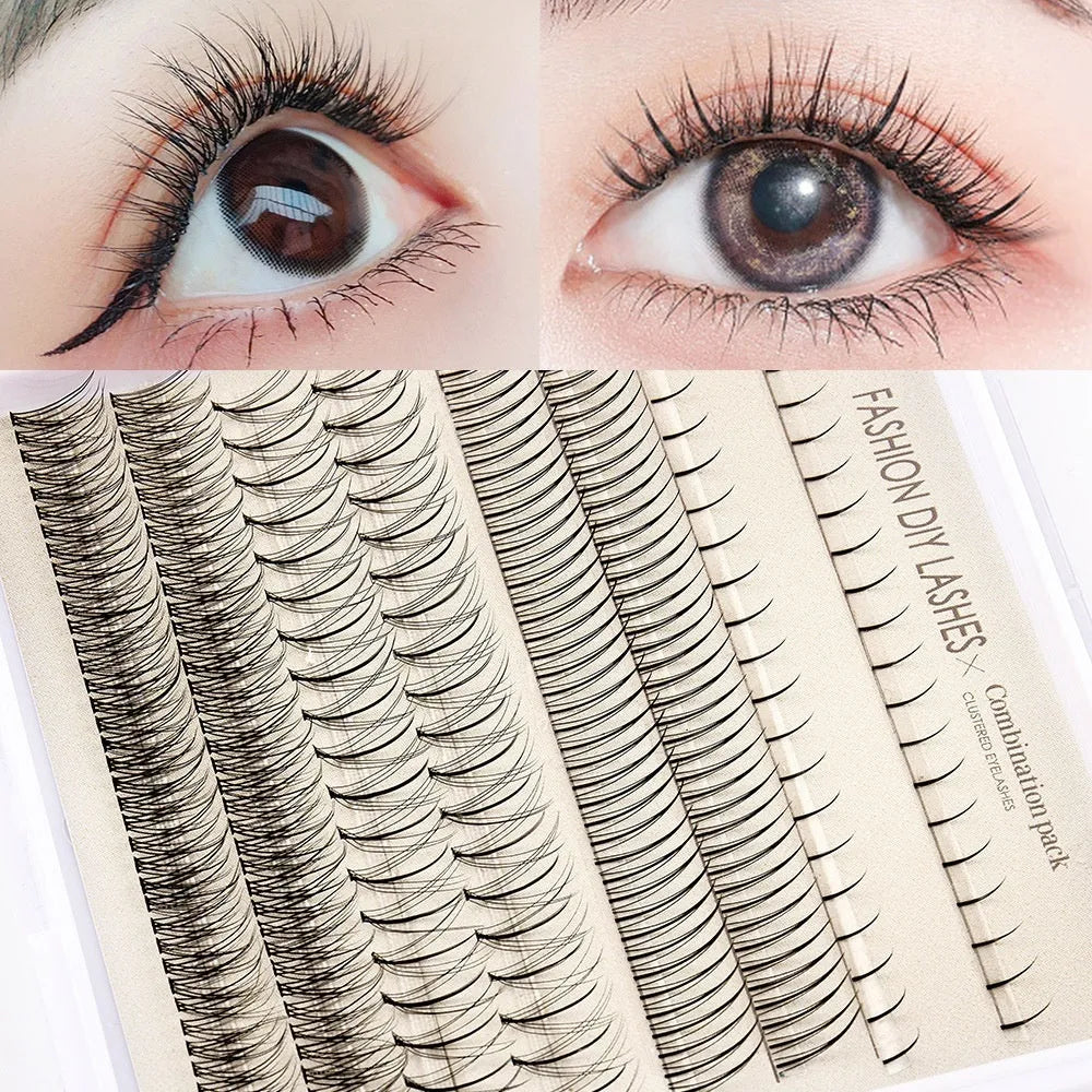 False eyelash glue kit with single-cluster lashes, pink and black adhesive, tweezers and brush tools