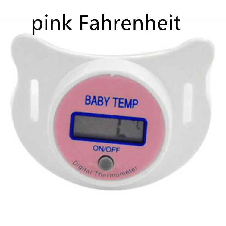 Blue and pink baby pacifier digital thermometer with digital display screen for infant temperature monitoring