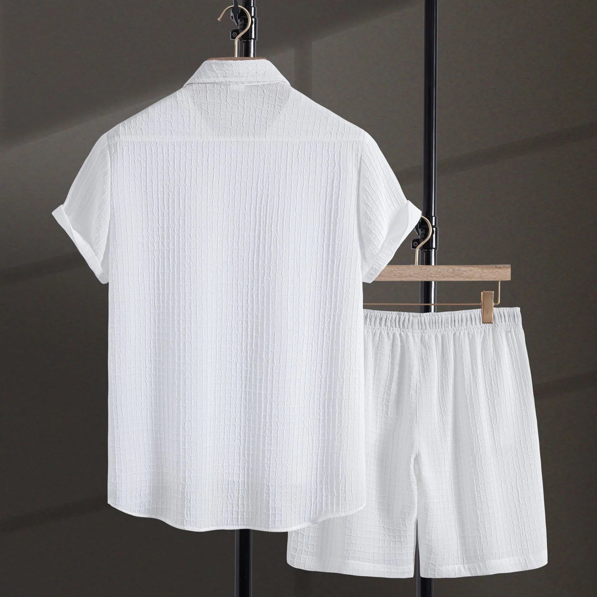 Men's black jacquard cotton blend short sleeve shirt with matching shorts casual set