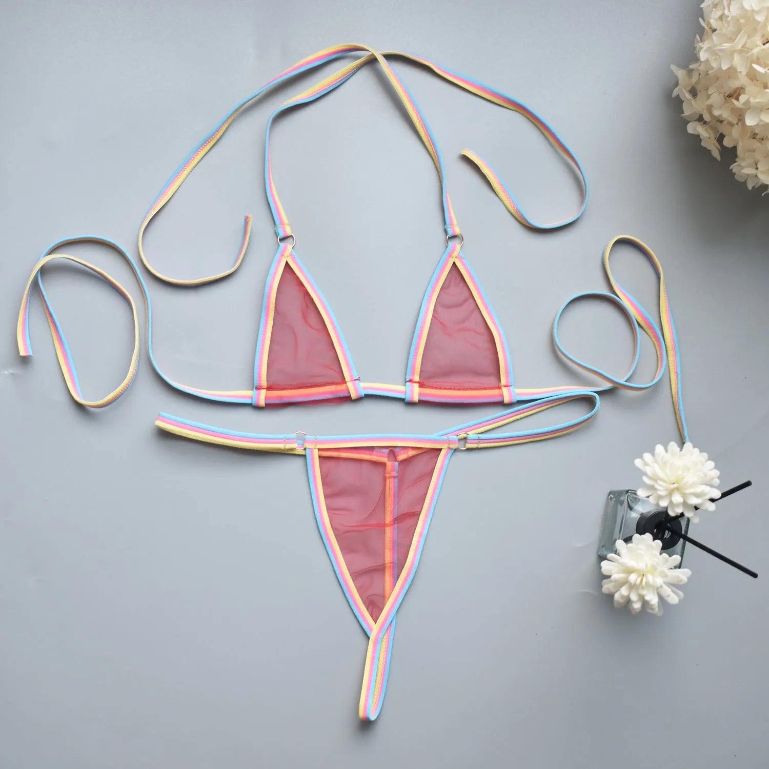 Simple super mini bikini set with T-back design in six colours, polyester fabric, three-point style