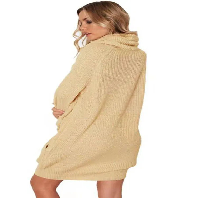 Acrylic imitation cashmere mid-length pullover sweater with a loose lapel and side pockets in apricot colour.