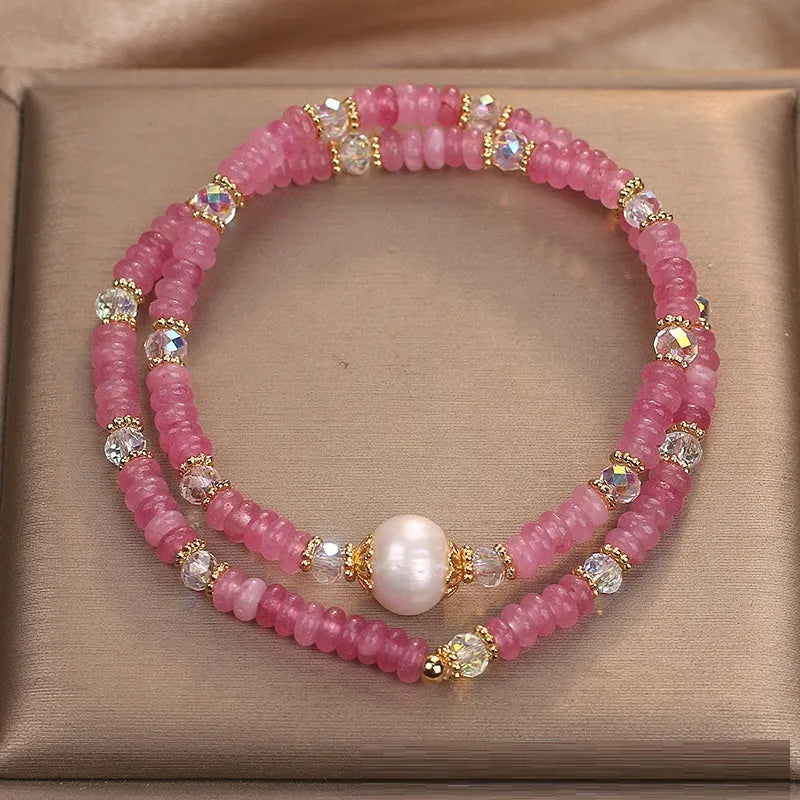 Rose red glass crystal freshwater pearl necklace bracelet set for women original design