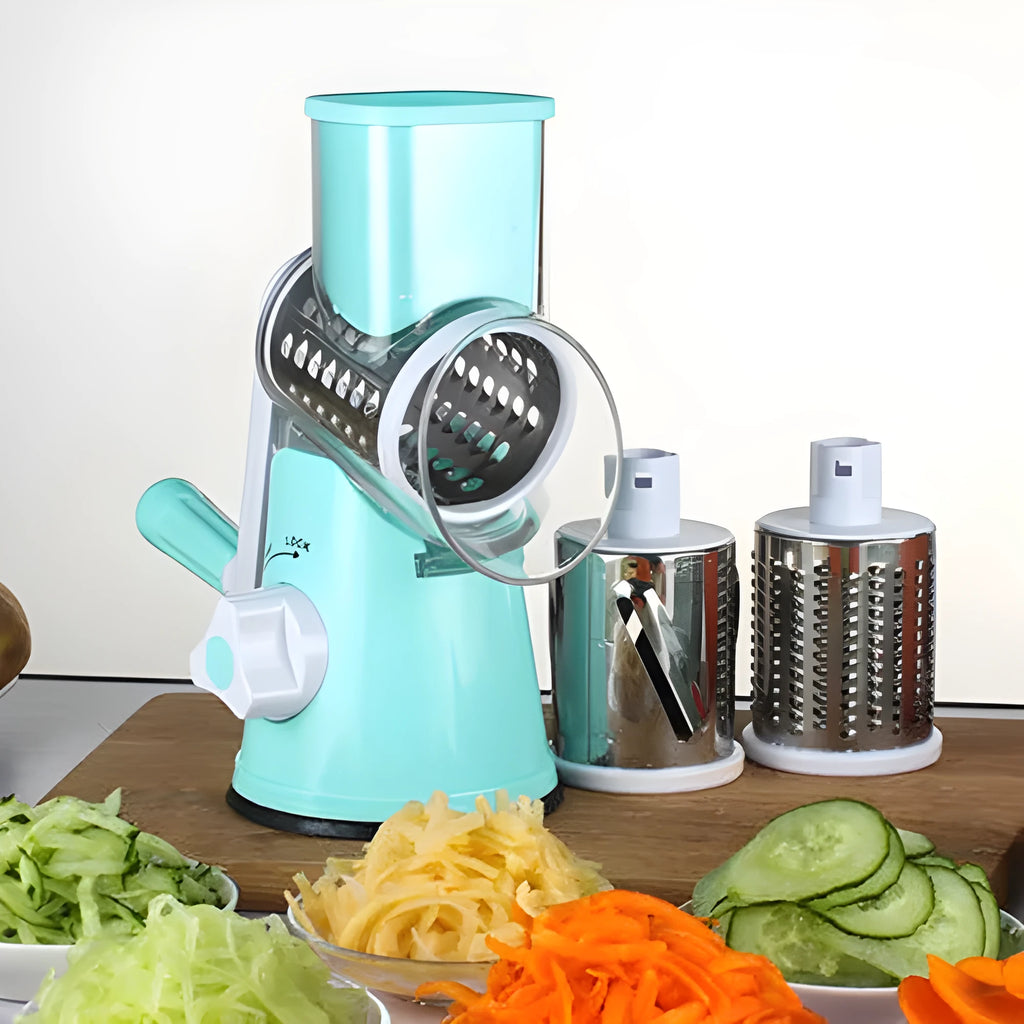 Blue round manual mandoline kitchen slicer with stainless steel blade on a countertop.