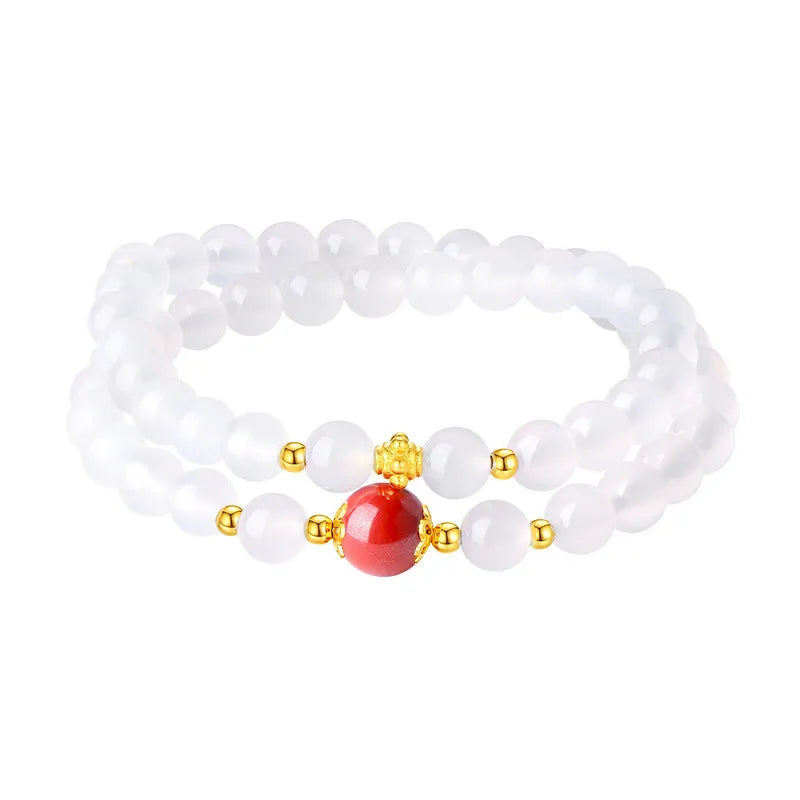 Double layer white agate women's bracelet with geometric 6mm beads and jequirity bean cinnabar details