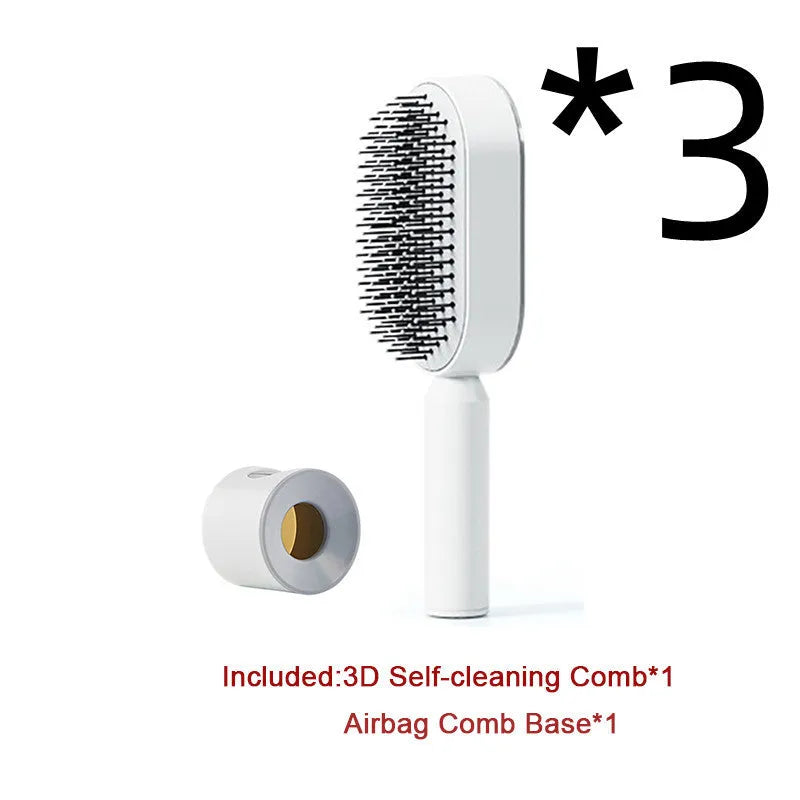 Self-cleaning air cushion hair brush in white, black gold, or black purple with ergonomic handle