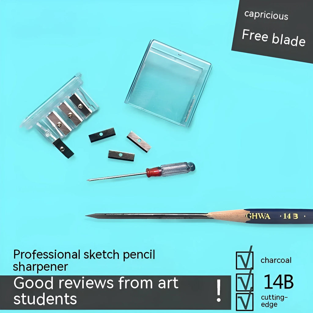 Geometric four-hole plastic pencil sharpener with spare blades and a screwdriver on a white background