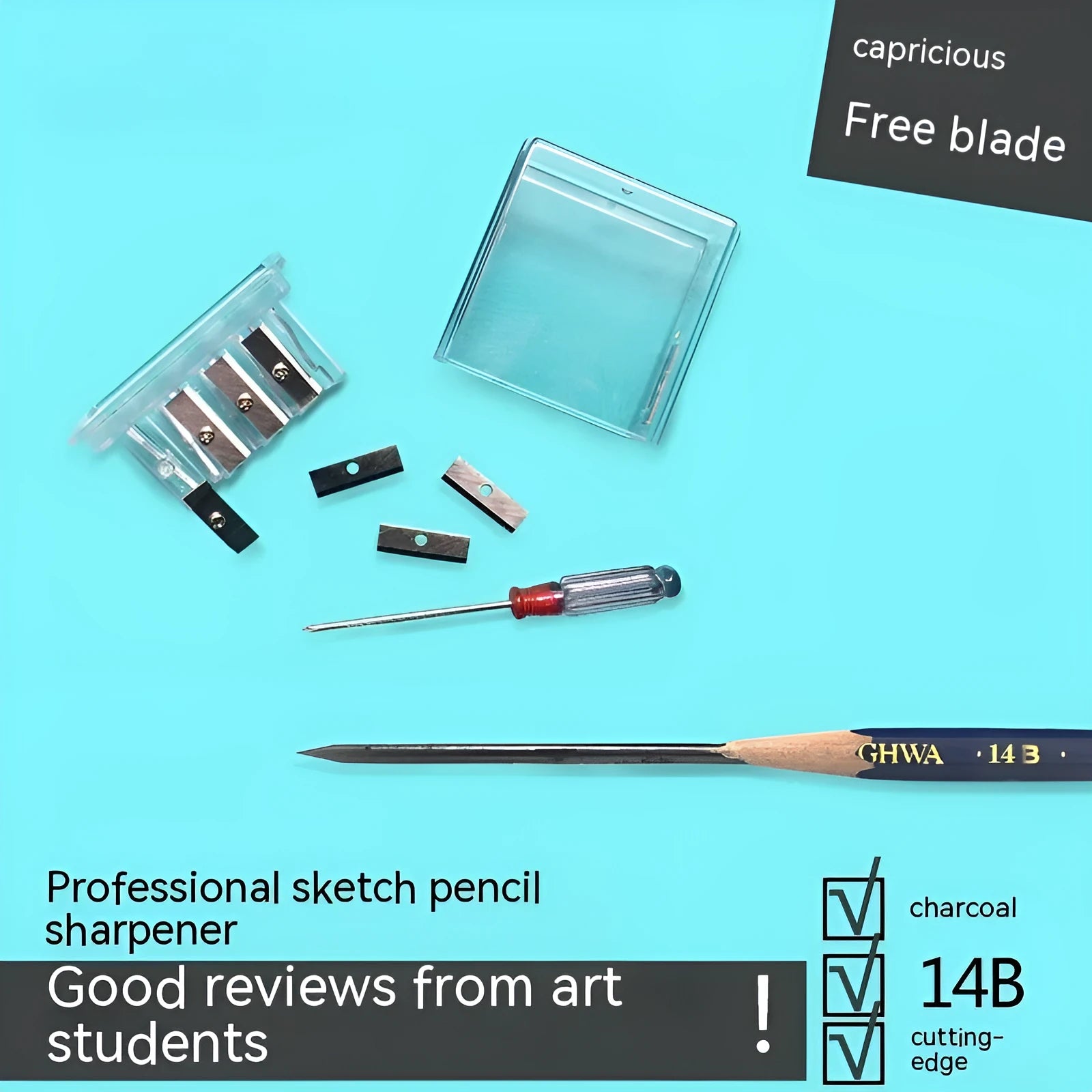 Geometric four-hole plastic pencil sharpener with spare blades and a screwdriver on a white background