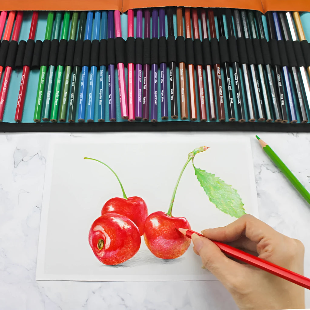 Set of 50 wooden oil-based coloured pencils in a case, showing the range of colours.