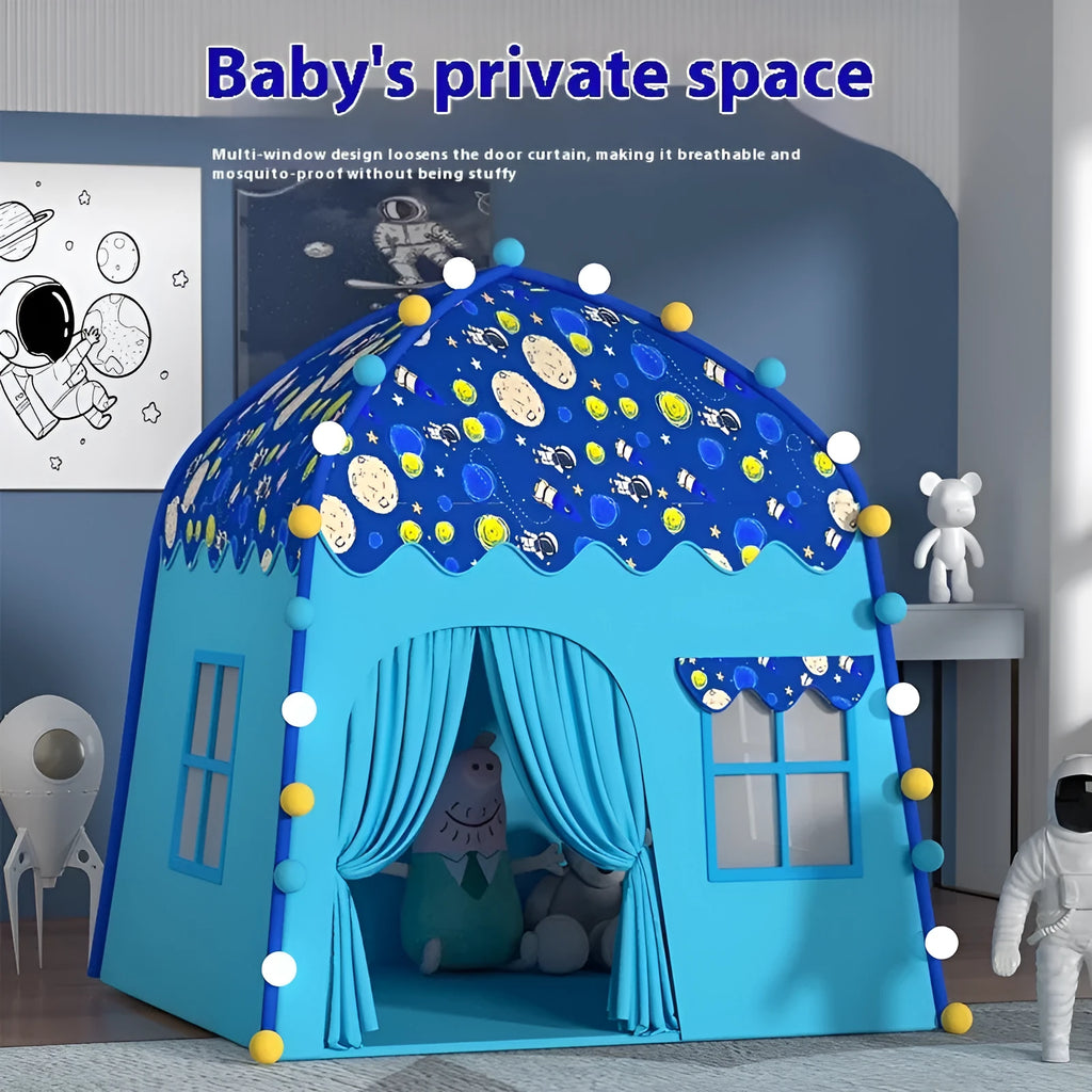 Children's Oxford cloth play tent in Blue Castle, Sweet House, Space blue or pollen design with optional light string