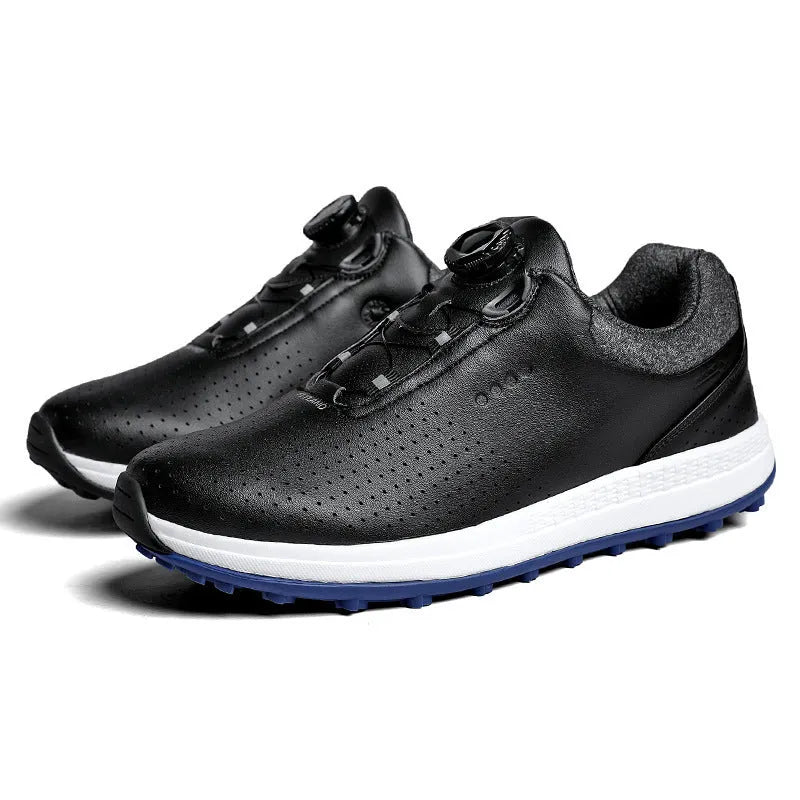 Men's white and black golf shoes with breathable design and non-slip sole for lawn courses